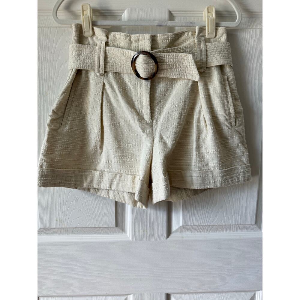 Sézane Rome Ivory Cream Belted Textured Shorts Ecru High Waist Size FR 38 US 6